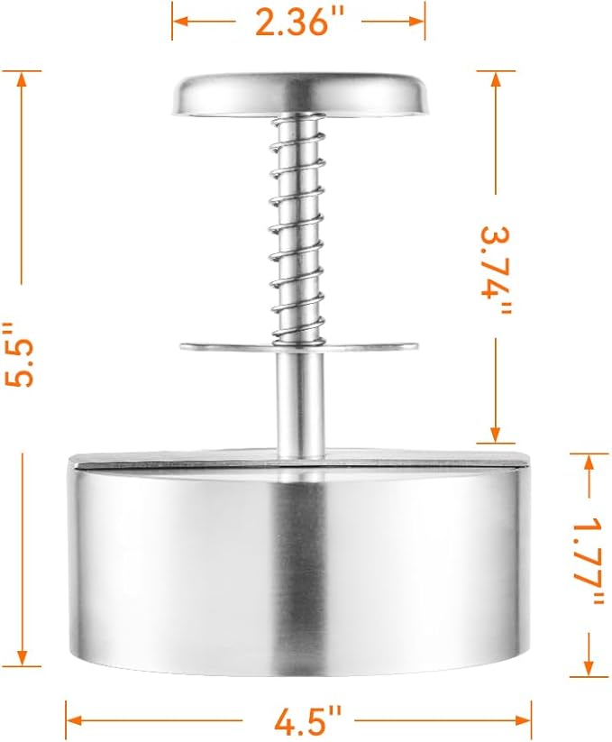 Brigii Burger Press, 4.5" 304 Stainless Steel Hamburger Press Patty Make | Spring back design, thickness guide 100g-400g, easy release, no coating, no rust, dishwasher safe, for ground beef patties