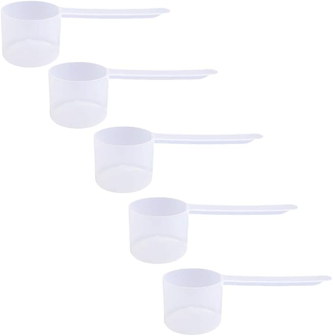 50cc Long Handle Measuring Scoop (10 tsp / 3.33 Tbsp / 50mL) - Heavy-Duty Plastic Spoon for Powders, Protein, Coffee, and Baking, 5-Pack