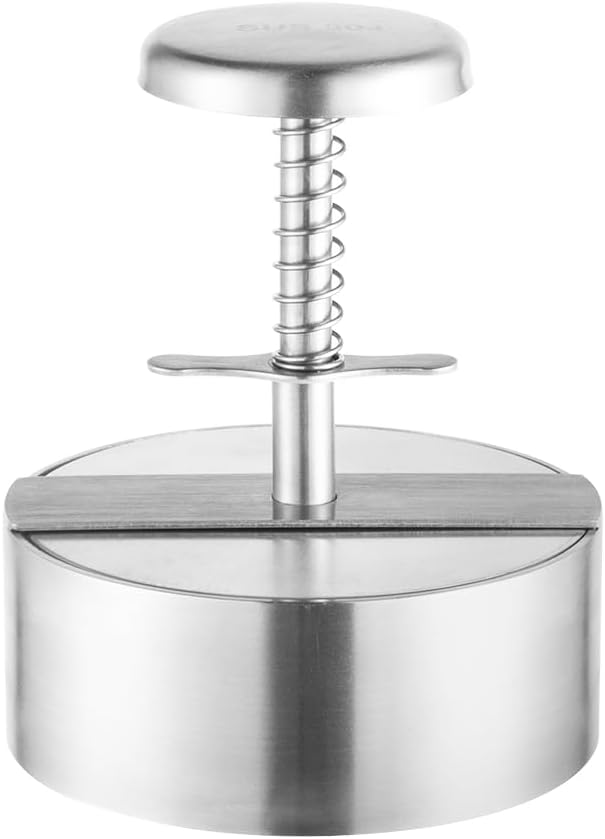 Brigii Burger Press, 4.5" 304 Stainless Steel Hamburger Press Patty Make | Spring back design, thickness guide 100g-400g, easy release, no coating, no rust, dishwasher safe, for ground beef patties