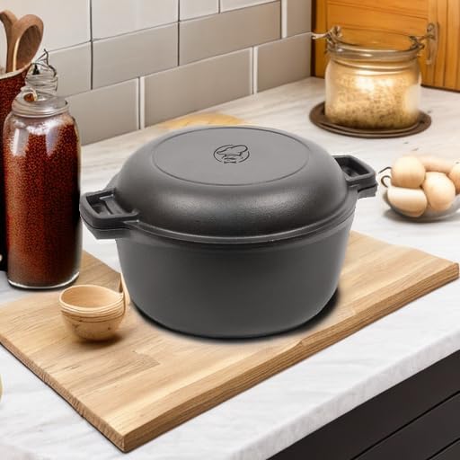 Commercial Chef 2-in-1 5-Qt. Dutch Oven, 10.25-Inch Skillet Lid, CHFL508 | Pre-Seasoned Cast Iron, Works on All Cooktops Including Induction, Outdoor Cookware for Campfires or Grills
