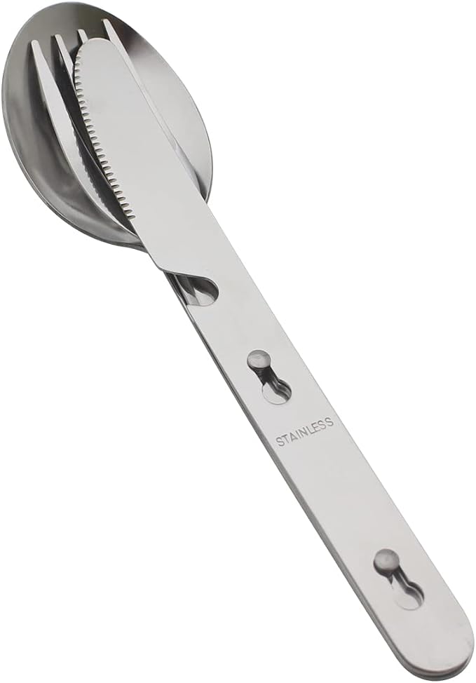 4-in-1 Camping Utensils Hiking Cutlery Set with Carrying Bag - 3 Pack | Portable Stainless Steel Flatware Spoon Fork Knife & Bottle Opener Combo for Picnic Travel, Backpack Outdoor Gear, Lunch Box