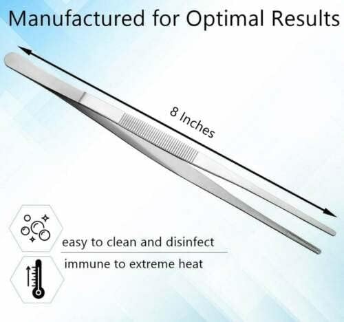 Professional Culinary Stainless Steel Precision Tongs with Serrated Tips, Plating/Food Presentation Detailing Serving Tongs, Chef's Kitchen Tweezer Tongs - Ultra Non-Slip Grip (8 Inch)
