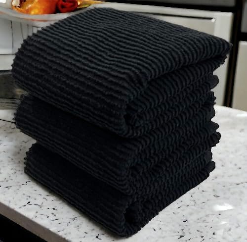Black Kitchen Hand Dish Towels, Set of 3, 100% Cotton, 18" x 28" | Terry Loop Ribbed Textured, Soft & Absorbent Cleaning Cloth, Quick Dry, Multipurpose for Everyday Use