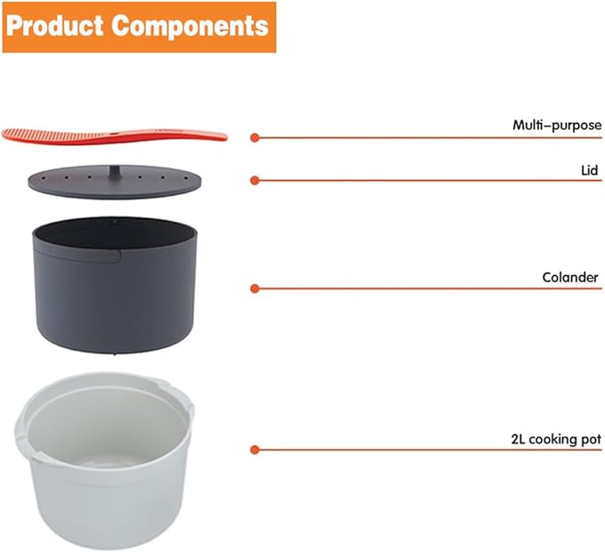 Microwave Rice Cooker Steamer, Microwave Pasta Cooker with Strainer, 2 L Microwave Cookware Set for Rice, Pasta, Vegetables, Quinoa, Oatmeal, Ramen Non stick (orange)