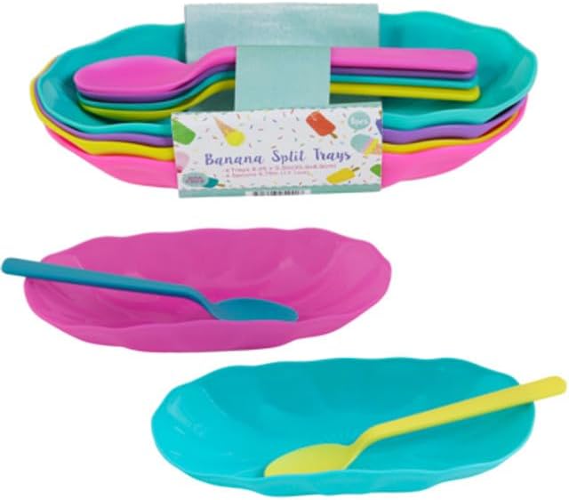 Set of 4 Reusable Banana Split Boats with Color Matching Spoons Use as Desert Dish, Ice Cream Sundae, Fruit Bowls, Ice Cream Bowl, Brownies,Snack Trays BPA Free (8 pack)