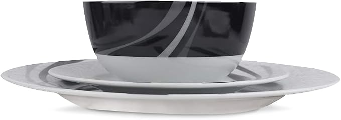 Amazon Basics 18-Piece Complete Kitchen Dinnerware Set, Microwave and Dishwasher Safe, Plates, Dishes, Bowls, Swirl, Heat Resistant, Service for 6, Everyday Use