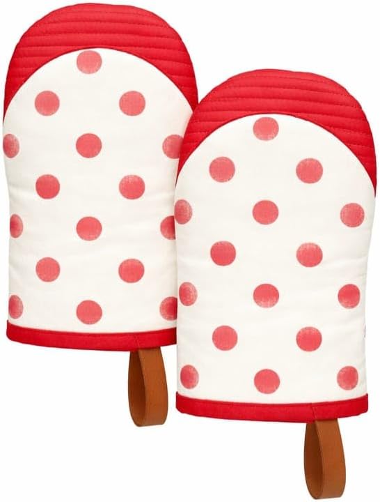 Folkulture Oven Mitts, Polka Red, Set of 2, Heat Resistant - (5.75"x9") | 100% Cotton, Non Slip, Silicone, Cute Mini Mits with Hanging Loop, Kitchen Décor, Cooking Gifts, New Home Essentials