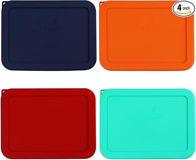 Sophico 6 Cup Rectangle Silicone Airtight Replacement Lid for Pyrex 7211-PC | Food Grade Silicone, Leakproof、Airtight Lids, Dishwasher Microwave Safe(4 pack)