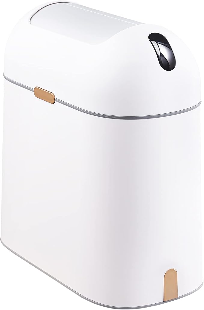 ELPHECO Bathroom Trash Can with lid 2.5 Gallon, Motion Sensor, White Golden | Waterproof Garbage Can, Automatic Waste Basket, Butterfly Lid, Plastic Garbage Bin for Bedroom and Office