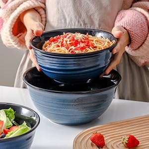HASENSE Large Serving Bowls, 9 Inch Ceramic Salad Bowls, 84 oz Serving Dishes for Entertaining, Deep Bowl Set Perfect for Soup Pasta Pho Popcorn Fruit, Dishwasher Microwave Safe, Set of 2, Navy Blue