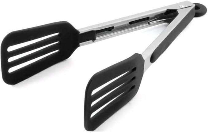 12 Inch Stainless Steel Silicone Cooking Tong (Black) | Kitchen Silicone Tong Heat Resistant Meat Turner Spatula Tongs Fish Tongs for Grilling Steak Salad Pasta Buffet Serving
