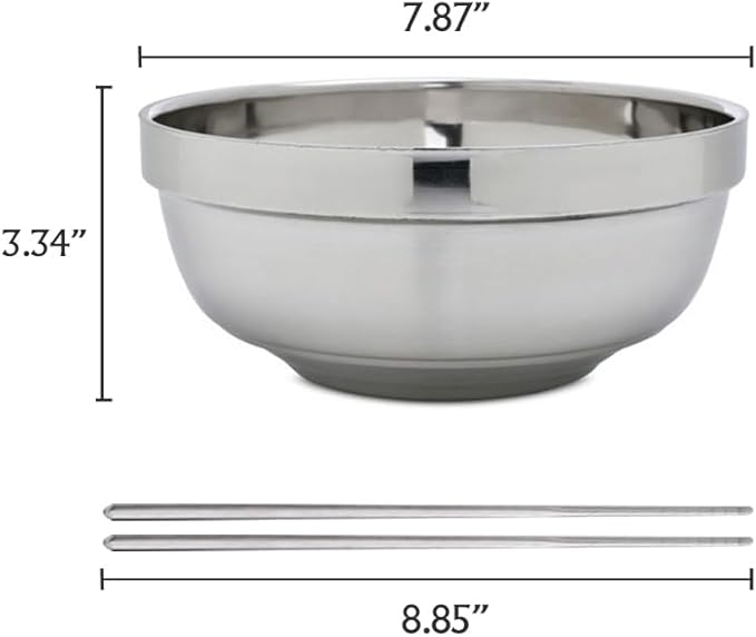 4 Pack 40 Oz Stainless Steel bowl set with chopsticks, Metal Double=walled Insulated noodle bowl, cereal, Ice Cream, Soup, Korean Ramen, 7 Inch