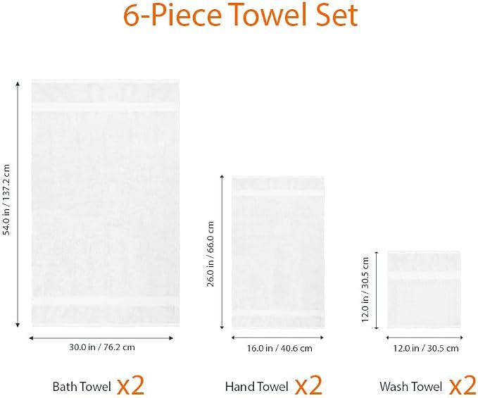 Amazon Basics 6-Piece Oversized Highly Absorbent Fade-Resistant Towel Set, 100% Cotton Towels for Bathroom, Soft, 2 Bath Towels, 2 Hand Towels, 2 Washcloths, White