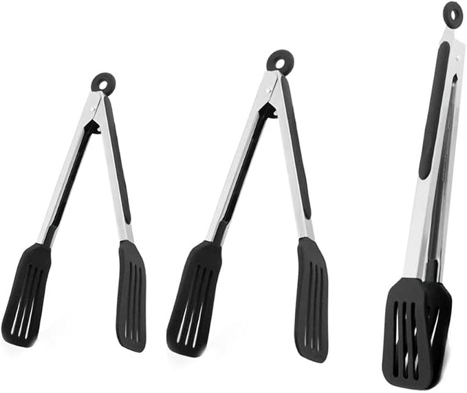 3 PCS Stainless Steel & Silicone Cooking Tongs Set (7", 9", 12") | Heat Resistant, Non-Stick, Locking Handle, Dishwasher Safe, for Grilling Steak Salad Pasta Buffet Serving, Black