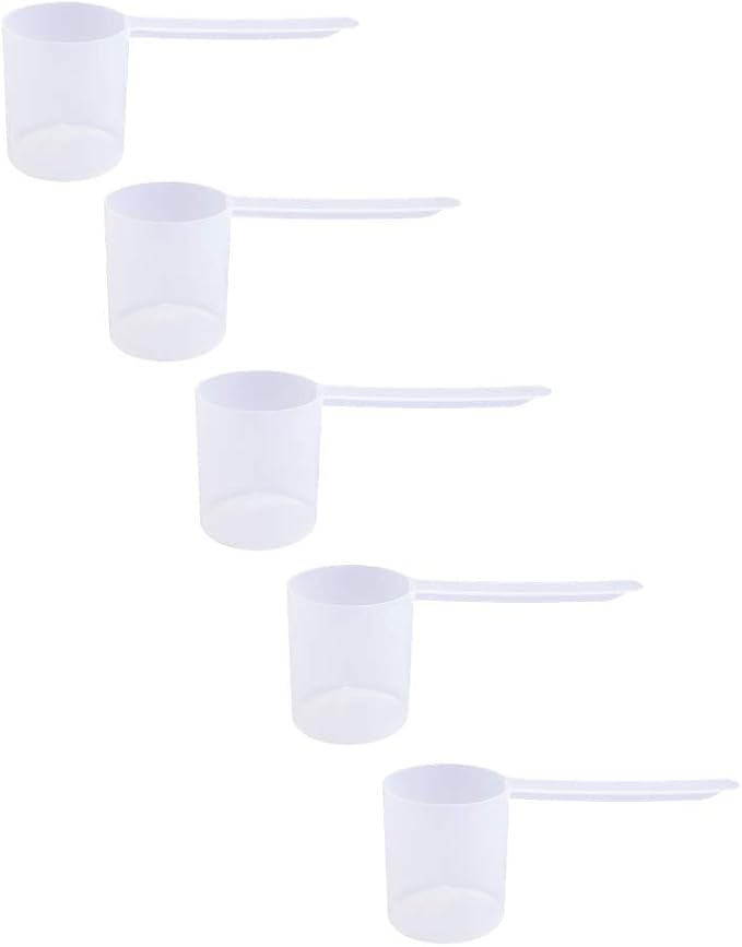 Plastic Measuring Scoop, (80 cc | 1/3 Cup | 2.7 fl oz. | 80 mL) Long Handle Spoons for Powders, Granules, Coffee, Pet Food, Baking Supplies, Protein and Other Dry Goods, BPA Free (Set of 5)