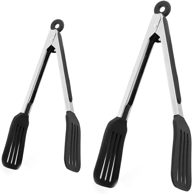 2 Pack Stainless Steel Silicone Cooking & Serving Tongs, 7 & 9 Inch | Locking Handle, Heat Resistant, Dishwasher Safe, for Grilling Steak Salad Pasta Buffet Serving, Black