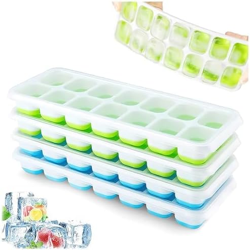 Ice Cube Trays 4 Pack, Airabc Silicone with Removable Lid, Easy-Release Flexible 14-cube Trays, LFGB Certified and BPA Free, Stackable Covers for Cocktail, Freezer | Space-saving and stackable, LFGB certified and BPA free, easy to remove