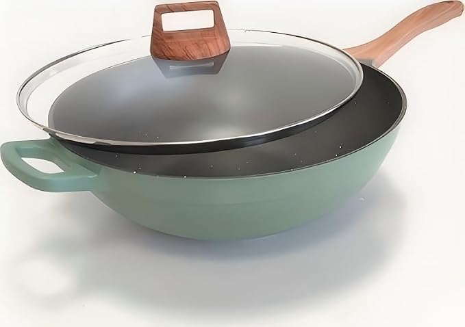 Nonstick Wok with Lid, Die-Cast Aluminum Deep Frying Pan, Skillet for Cooking, Induction Cookware, Emerald Green, 12.5 Inch