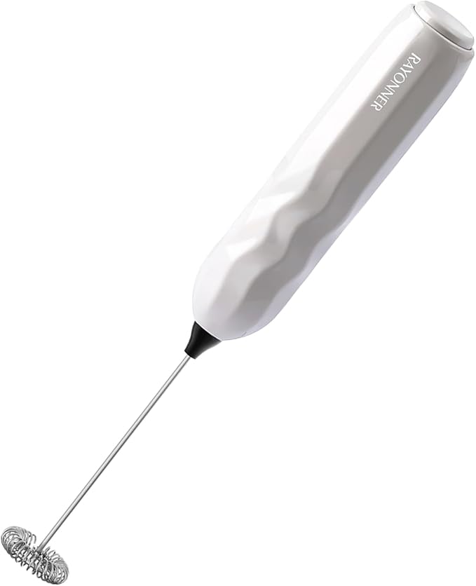 RAYONNER Kitchen Milk Frother Handheld Coffee Frother Foam Maker White | Fast Powerful Drink Mixer, Stainless Steel Whisk, For Coffee, Latte, Matcha
