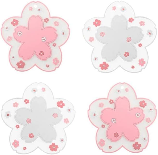 Sakura Coasters Set of 4 Kawaii Cup Mat Anti-Skid Pot Bowl Pad Placemats PVC Cherry Blossom Coaster for Drinks Coffee Table Cute Room Home Kitchen Decor Kawaii Desk Accessories(4.3in)