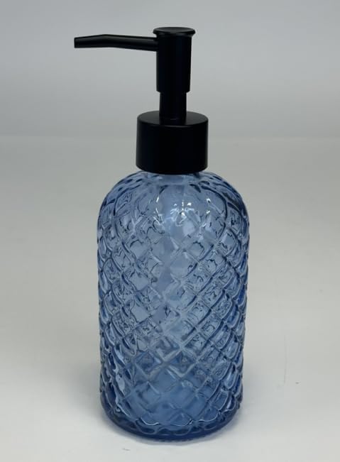 Topsky Gem Glass Soap Dispenser with Black Plastic Pump, 13oz Liquid Hand Soap Dispenser, Rustproof Pump for Kitchen & Bathroom, Great for Lotions, Essential Oil, Liquid Soaps-Blue