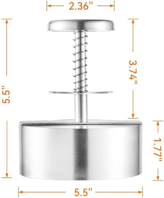 Brigii Burger Press, 5.5" 304 Stainless Steel Hamburger Press Patty Maker | Spring back design, thickness guide 100g-400g, easy release, no coating, no rust, dishwasher safe, for ground beef patties