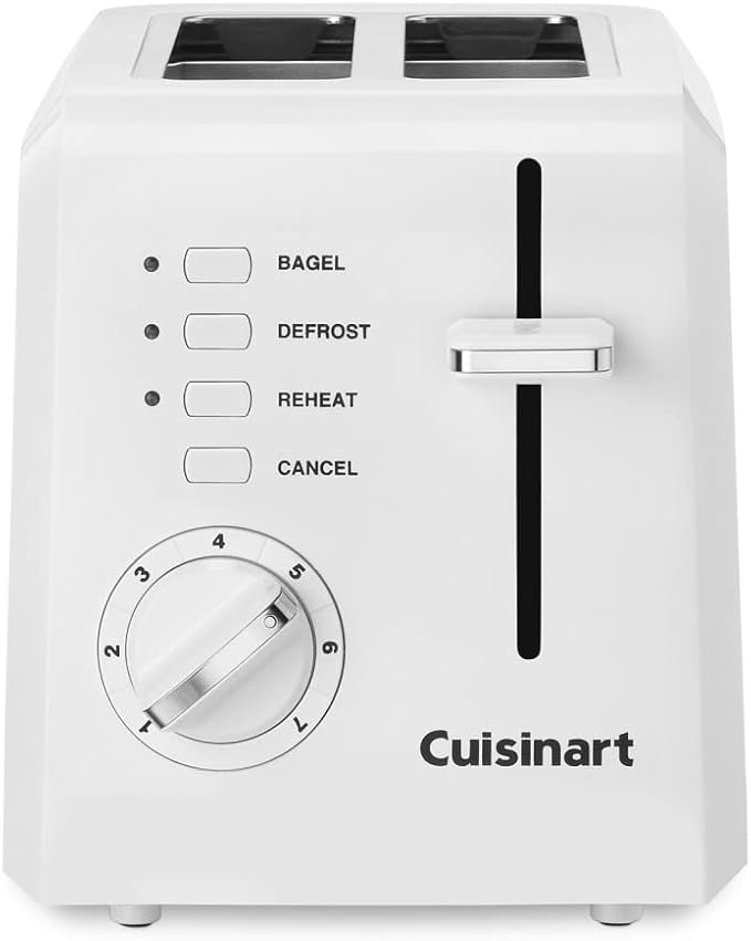 Cuisinart CPT-122 2-Slice Compact Plastic Toaster, Slots for Bagels & Bread, 7 Shade Settings, Cancel/Defrost/Reheat Functions, Removable Crumb Tray, Small Kitchen Appliance for Home & Office, White