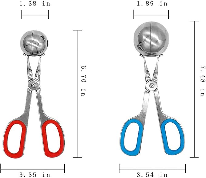 Meatball Maker, 2 PCS None-Stick Meatball Maker with Detachable Anti-Slip Handles, Stainless Steel Meat Baller Tongs, Cake Pop Roller, Ice Tongs, Cookie Dough Scoop for Kitchen (1.38"&1.78")
