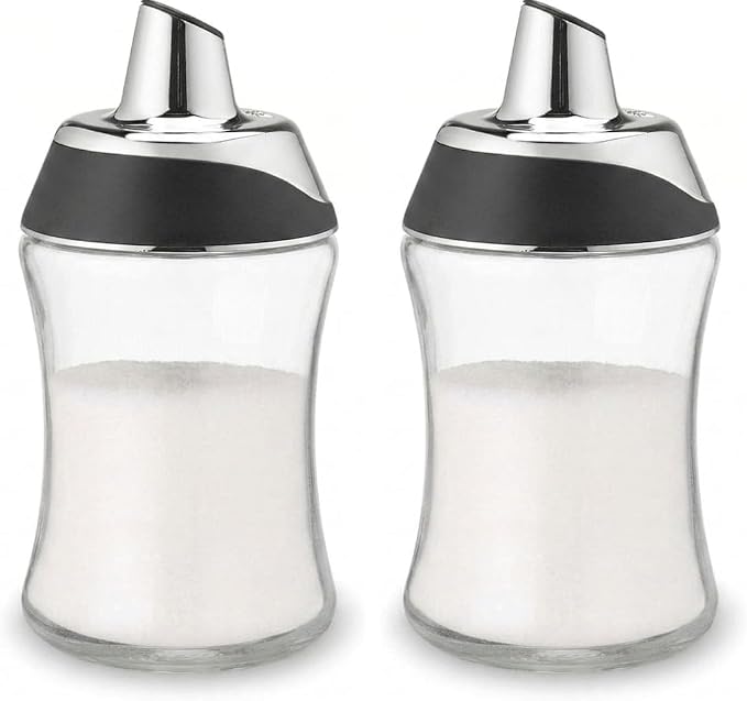 J&M DESIGN Glass Sugar Dispenser with Pour Spout for Coffee Bar, Tea and Kitchen Baking, Auto-Pouring Airtight Lid - 7.5 Oz Container (Pack of 2)