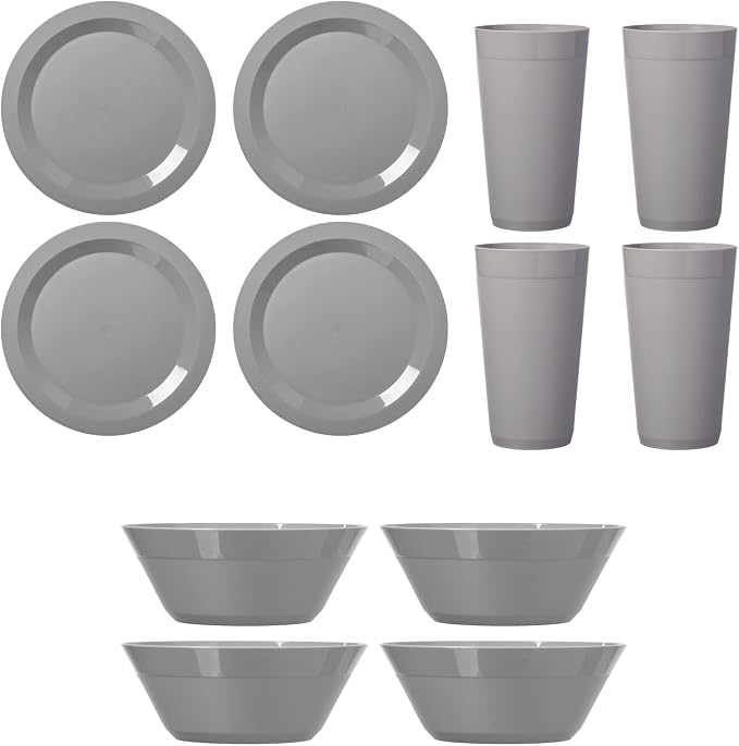 US Acrylic Newport Plastic Plate, Bowl and Tumbler Dinnerware Set for 4 in Grey Stone | 12-Piece Drinking and Dining Set | Reusable, BPA-free, Made in the USA, Top-rack Dishwasher Safe