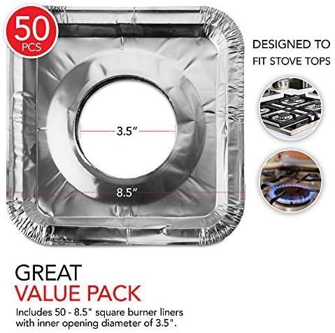 Disposable Gas Burner Liners (50 Pack) Aluminum Foil Square Gas Stove Burner Covers - 8.5 Inch Gas Range Protector, Stove Top Covers for Gas Burners, Foil Liners to Catch Oil, Grease, and Food Spills