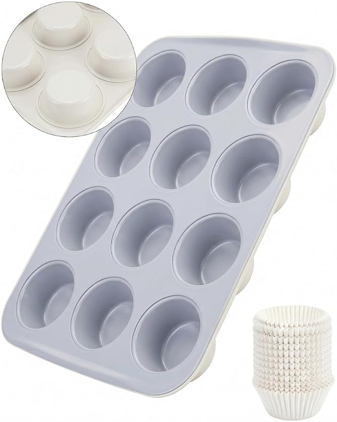 CARTMAN Ceramic Muffin Pan 12 Cup with 200 Cupcake Liners, Non-Stick & Non-Toxic Baking Tin for Healthy Muffins and Cupcakes, Perfect for Home Kitchens and Parties