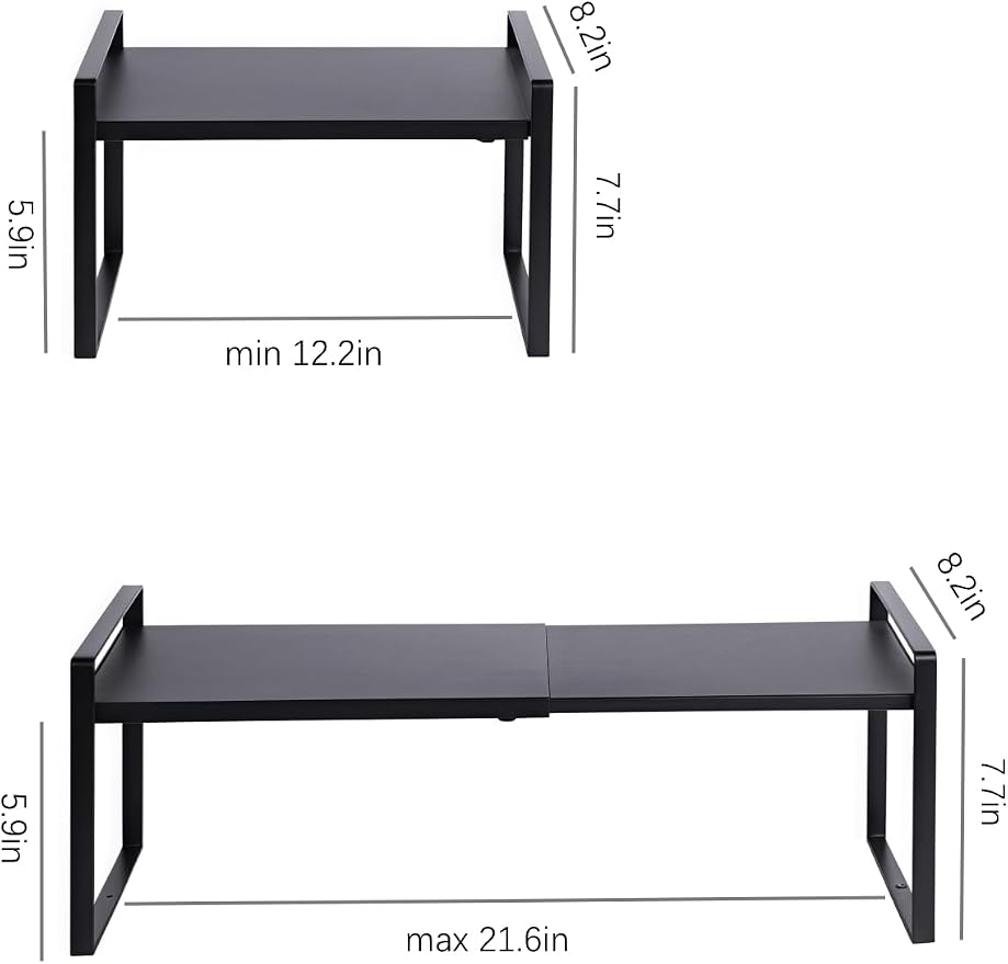Expandable Cabinet Shelf Organizer Riser for Kitchen Pantry Cupboard Under Sink Countertop (black, 8.2’’D * 12.2-21.6’’W * 7.7’’H)