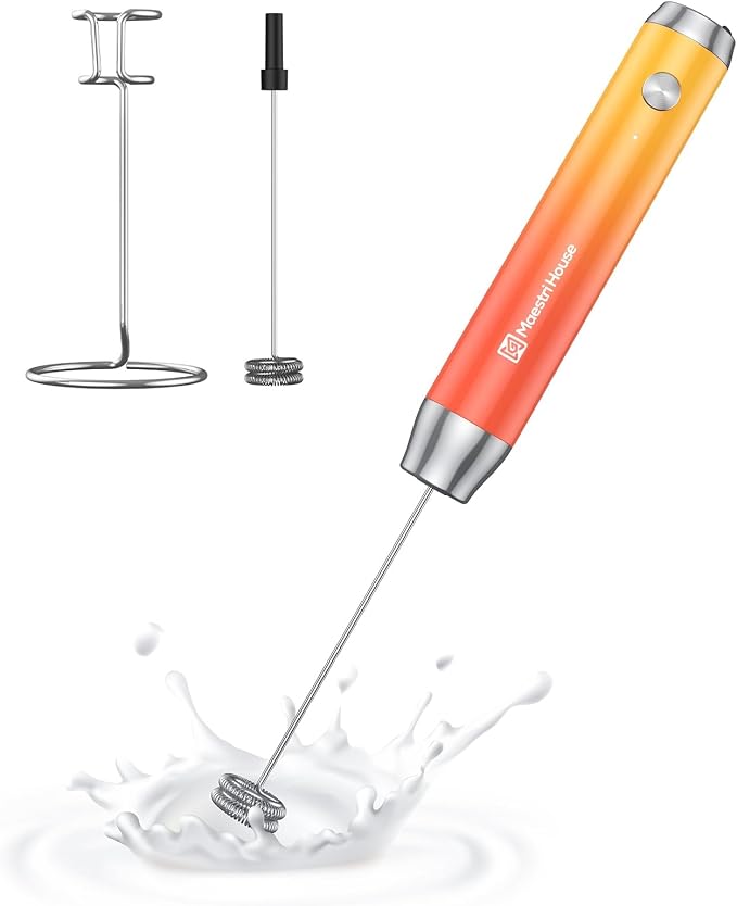 Maestri House LunaFro Rechargeable Milk Frother,Stand & 2 Detachable Whisks | 8000RPM Turbo Motor, 1200mAh lithium battery, Handheld Milk Frother for Lattes, Cappuccino, Matcha & Powdered Supplements
