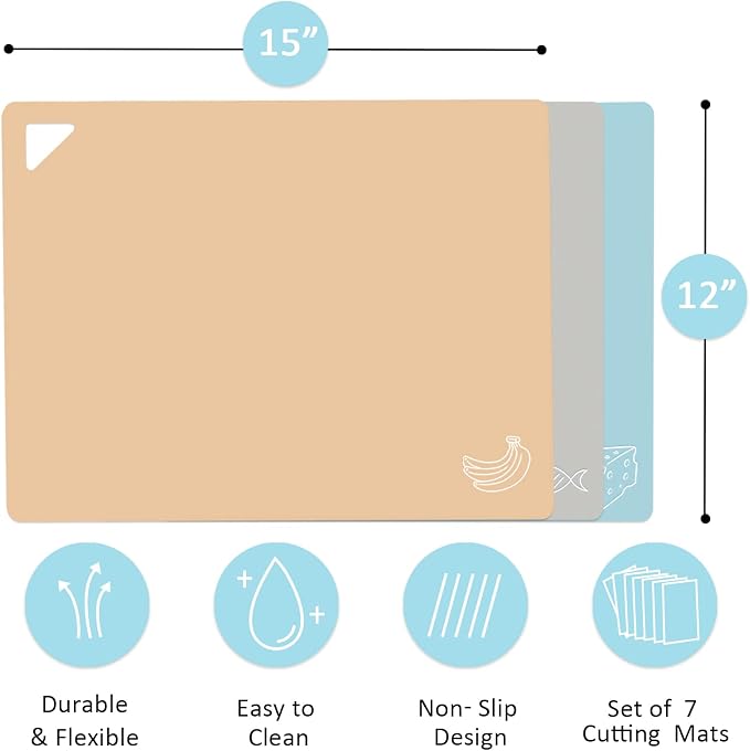 7 Pieces Plastic Flexible Cutting Boards for Kitchen, BPA- Free,15"x12" | Non Slip Cutting Mats with Food Icons, Easy-Grip Handles