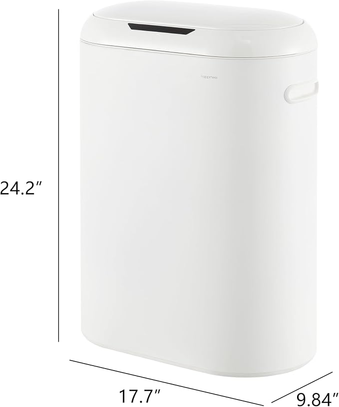 happimess 13.2 Gal Oval Motion Sensor Trash Can, Cotton White | Oval, Motion Sensor, Touch Mode, Soft Close Lid, Powder Coated Iron, 17.7" W x 9.84" D x 24.2" H