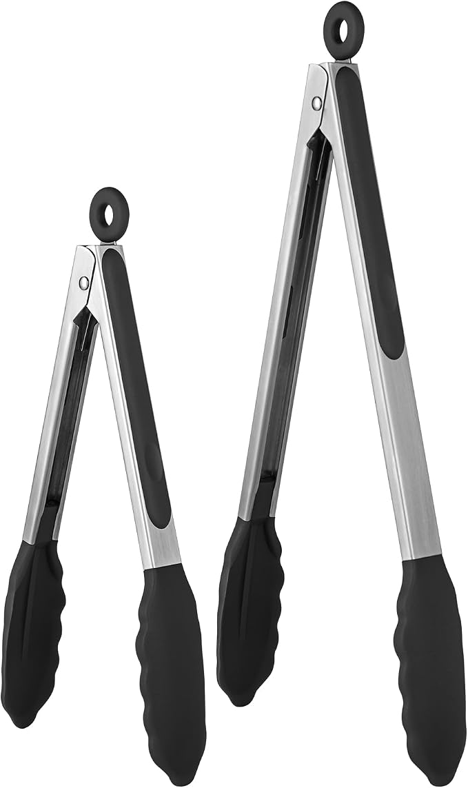 U-Taste Kitchen Tongs for Cooking, 600ºF Heat-Resistant Silicone, 2Pc/Black | Tong Utensils Set 9/12in, Salad/Grill/BBQ Plastic Tong for Food Serving, Rubber Tipped Tong with 18/8 Stainless Steel Handle