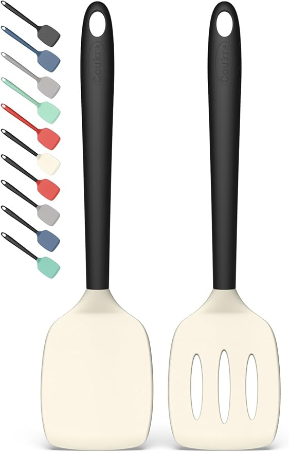 Coukre 2 Pack Silicone Spatula Set,High Heat Resistant, BPA-Free | Dishwasher Safe Kitchen Spatula for Nonstick Pans, Solid & Slotted Turners for Cooking, Sautéing, and Flipping, BeigeBlack