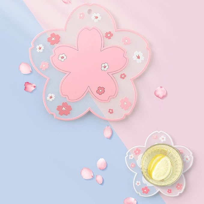 Sakura Coffee Cup Mat Kawaii Coaster 2PCS Cute Cherry Blossom PVC Home Tea Mug Pink Flower Pattern Anti-Skid Pot Bowl Pad Placemat for Desk Drink Table Decor Kawaii Accessories(Large)