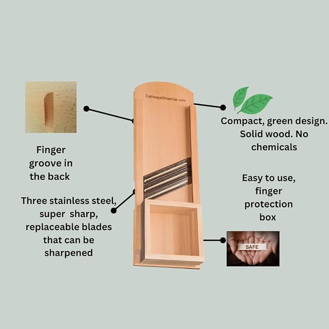 Wooden Cabbage Shredder, Mandoline Slicer for Sauerkraut, Coleslaw. Finger Protection Box, Cut Resistant Glove. Pre-Oiled. Made in Poland!
