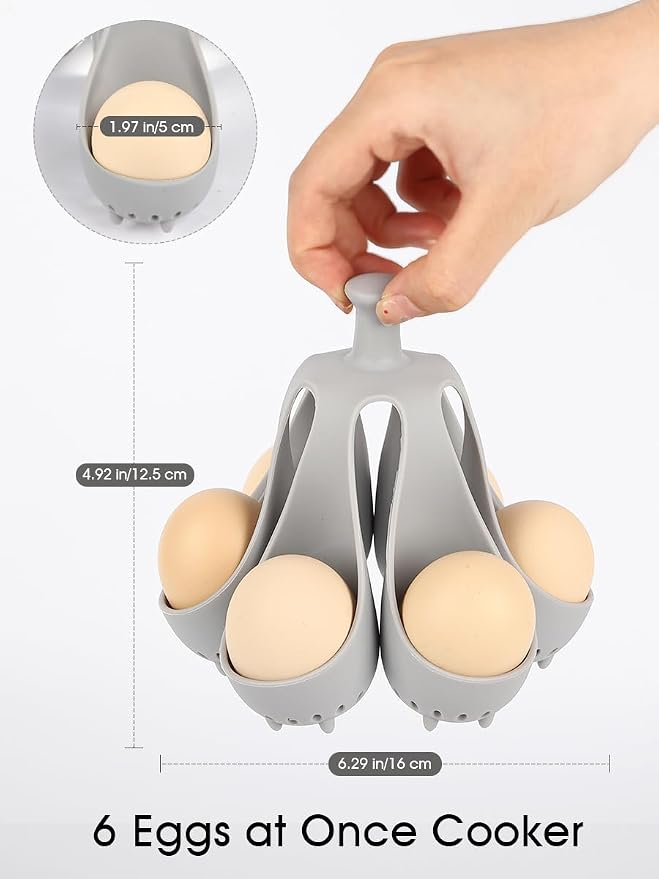 6 Egg Silicone Boiler Rack, Food-Grade Egg Cooker for Hard Soft Boiled Eggs, with Handle Poached Egg Mold, Dishwasher Safe BPA-Free Kitchen Gadgets (Gray)