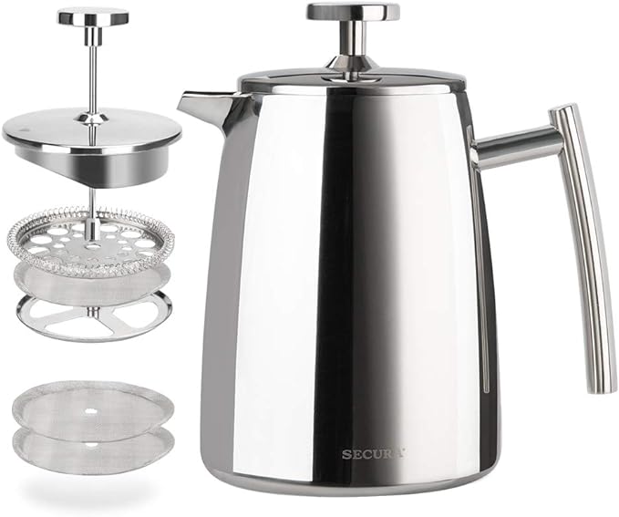 Secura French Press Coffee Maker, 17-Ounce, 304 Stainless Steel Insulated Coffee Press with Extra Screen