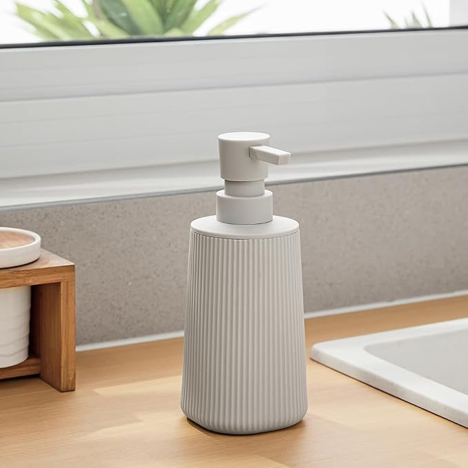YAUKPH Small Soap Dispenser for Bathroom and Kitchen Matte Beige | Modern Farmhouse Striped Style Plastic Hand Soap Dish Soap Dispenser with Pump