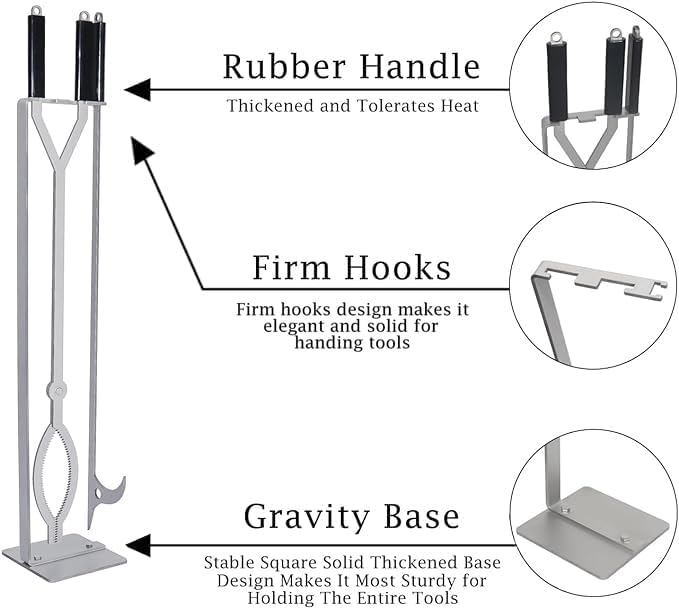 40in Stainless Steel Fire Pit Tool Set with Stand | Sturdy Fire Place Tools with Stand Fire Log Grabber Fire Pit Poker for Campfire Backyard Bonfire Wood Stove Indoor Outdoor