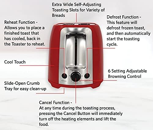 EUROSTAR ET751R 2-Slice Cool Touch Wide-Slot Toaster, Red