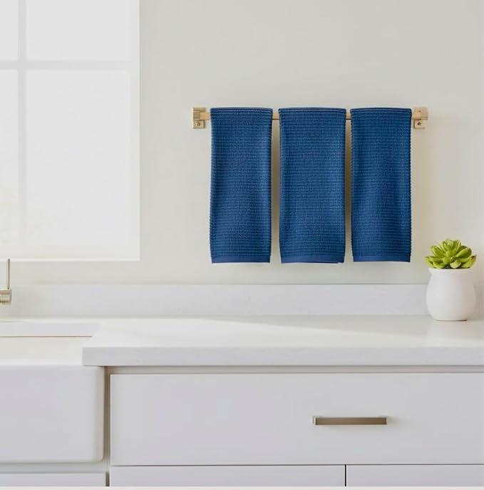 Royal Navy Blue Kitchen Hand Dish Towels, Set of 3, 100% Cotton, 18" x 28" | Terry Loop Ribbed Textured, Soft & Absorbent Cleaning Cloth, Quick Dry, Multipurpose for Everyday Use