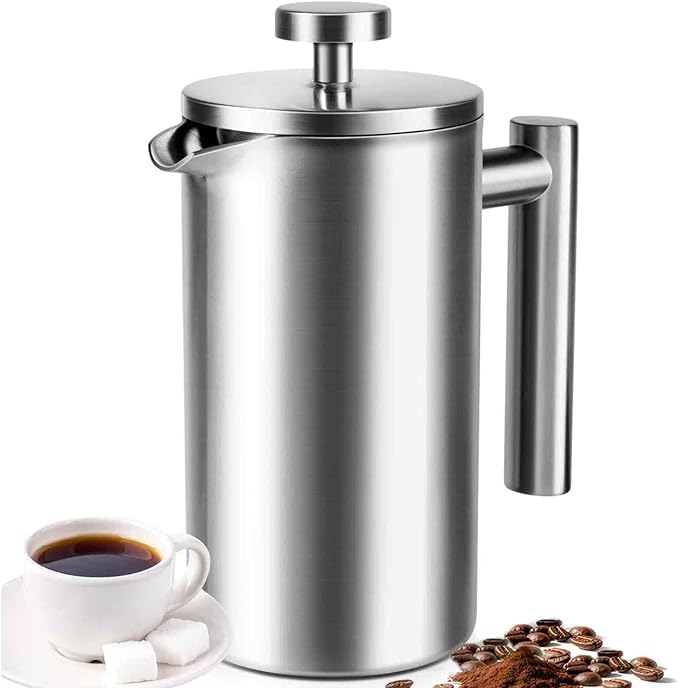 French Press 34 oz, Full Stainless Steel French Press Coffee Maker 4 Cups | Upgraded Double-Walled Insulated French Coffee Presses, Food Grade Good for Kitchen Camping, Dishwasher Safe 2 More Filters