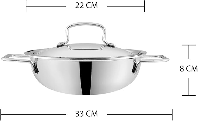 Vinod Platinum Triply Kadai, Extra Deep, 22cm, Induction, for Home Kitchen | Stainless Steel Wok For Sauces, Stews And Soups; Electric Stove Compatible, Durable Tri-Ply Base