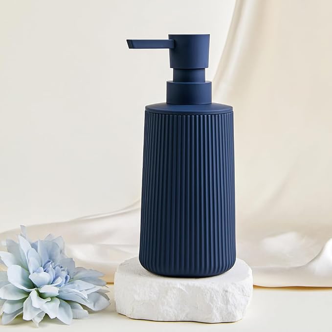 Small Soap Dispenser for Bathroom and Kitchen Matte Blue | Modern Farmhouse Striped Style Plastic Hand Soap Dish Soap Dispenser with Pump