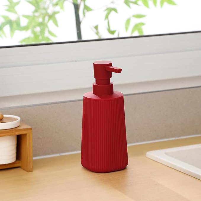 YAUKPH Small Soap Dispenser for Bathroom and Kitchen Matte Red | Modern Farmhouse Striped Style Plastic Hand Soap Dish Soap Dispenser with Pump